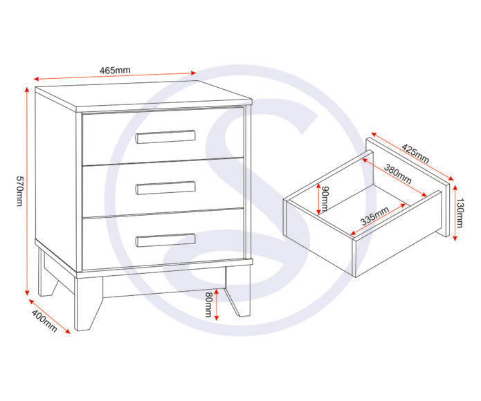 Cleveland 3 Drawer Bedside White/Grey Metal Effect
