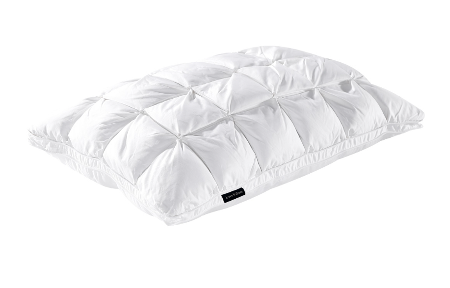 Loren Williams Luxury Down Pillow side view with label
