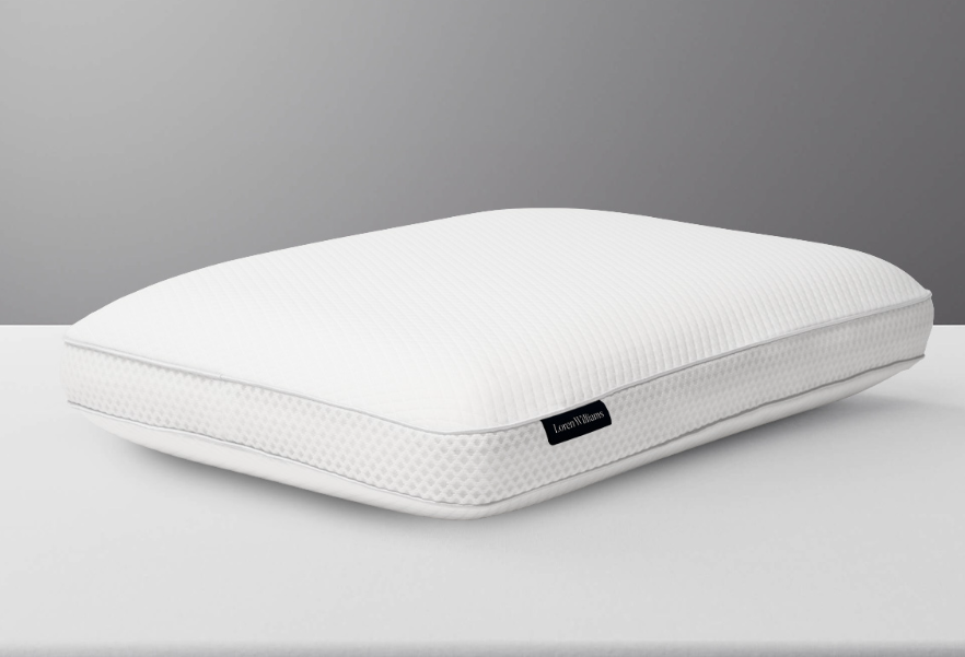 Loren Williams Essential Comfort Pillow angled view with label