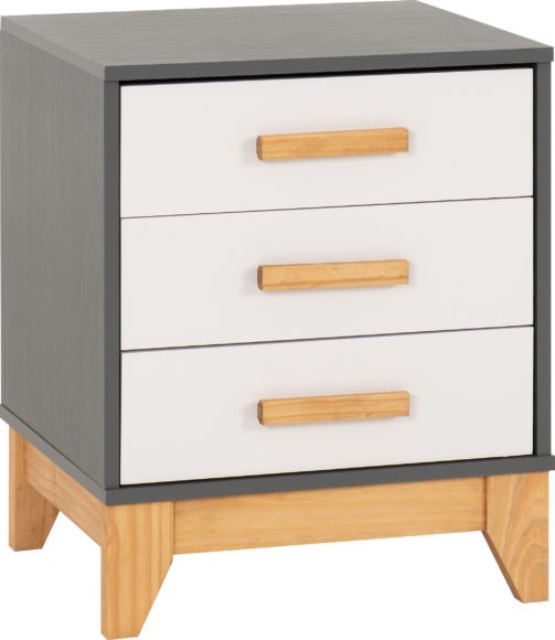 Cleveland 3 Drawer Bedside White/Grey Metal Effect