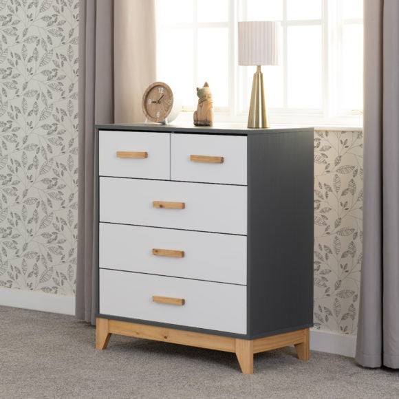 Cleveland 3+2 Drawer Chest White/Grey Metal Effect