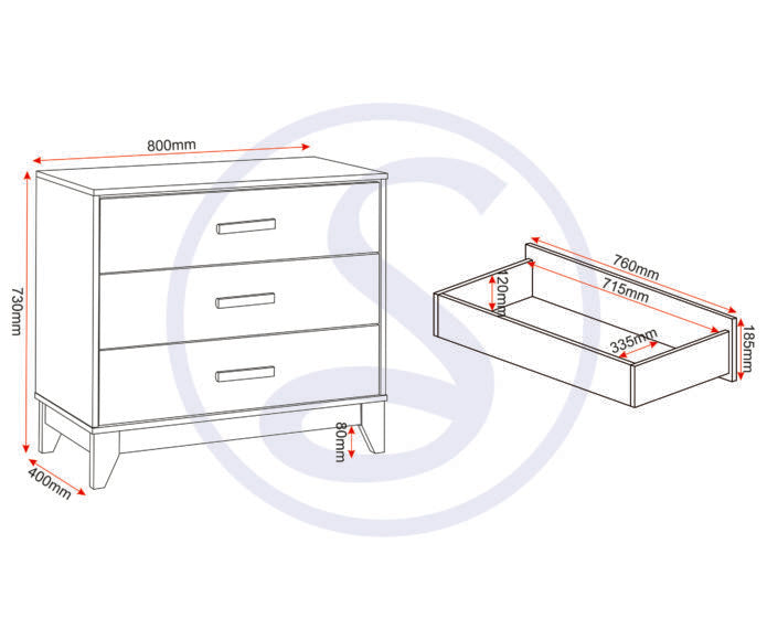 Cleveland 3 Drawer Chest White/Grey Metal Effect